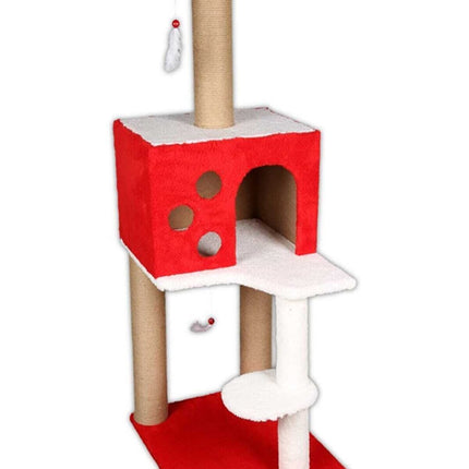 Markapet 3 Katlı Kedi Tırmalama Tahtası + Kedi Evi 40 x 55 x 127 cm Kırmızı