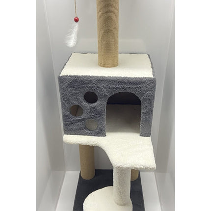 Markapet 3 Katlı Kedi Tırmalama Tahtası + Kedi Evi 40 x 55 x 127 cm Gri