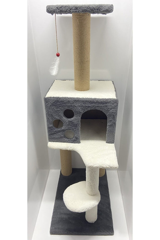Markapet 3 Katlı Kedi Tırmalama Tahtası + Kedi Evi 40 x 55 x 127 cm Gri