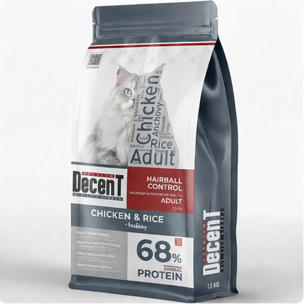 Decent Tavuklu Yetişkin Kedi Maması 1,5 Kg Hairball Control Tavuk & Pirinç Yetişkin Kedi Maması