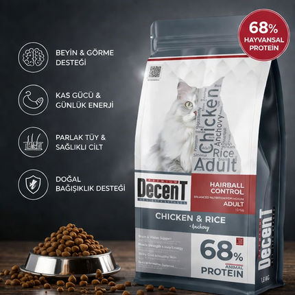 Decent Tavuklu Yetişkin Kedi Maması 1,5 Kg Hairball Control Tavuk & Pirinç Yetişkin Kedi Maması