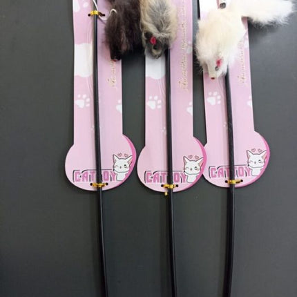 Fareli Kedi Oltası Ahşap Saplı Tüylü Kedi Oyuncağı 40-50 cm Renkli
