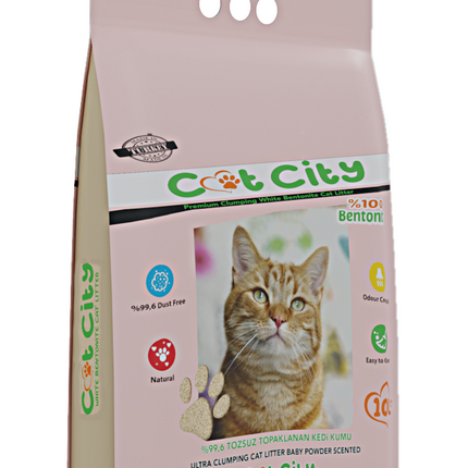 Cat City Ekstra Parfümlü Bentonit Topaklanan Kedi Kumu 10 Lt Bebek Pudralı ( 4 Adet )