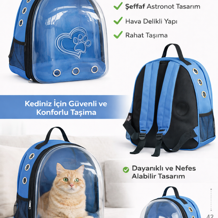 Kalpli Patili Astronot Şeffaf Taşıma Sırt Çantası Mavi 24x32x42 cm