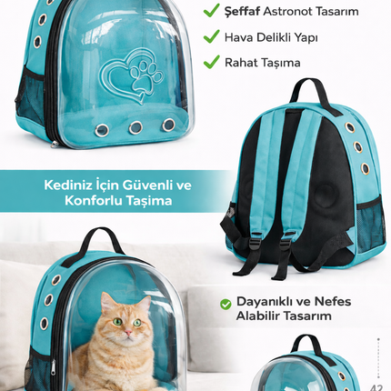 Kalpli Patili Astronot Şeffaf Taşıma Sırt Çantası Turkuaz 24x32x42 cm