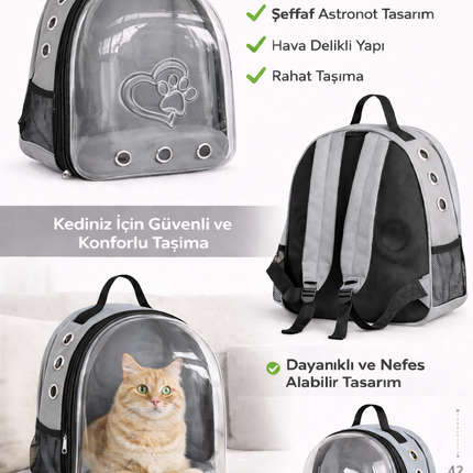 Kalpli Patili Astronot Şeffaf Taşıma Sırt Çantası Gri 24x32x42 cm