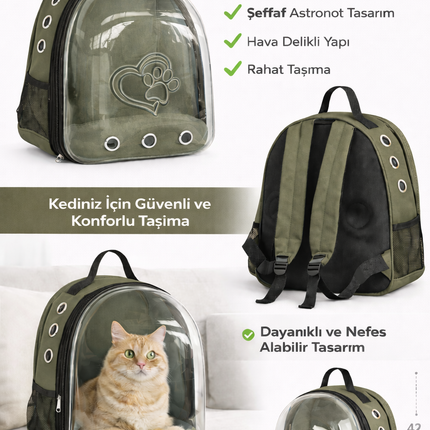 KP Kalpli Patili Astronot Şeffaf Taşıma Sırt Çantası Haki 24x32x42 cm