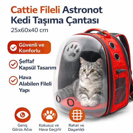 Cattie Fileli Astronot Kedi Taşıma Çantası 25x60x40cm Kırmızı