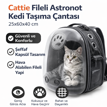 Cattie Fileli Astronot Kedi Taşıma Çantası 25x60x40cm Siyah
