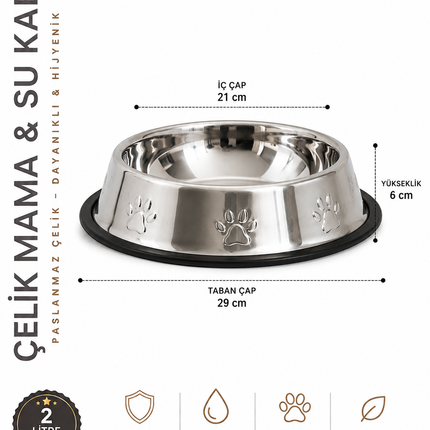 Köpekler İçin Pati Desenli Çelik Mama Su Kabı 30 Cm - 64 Oz - 2 LT