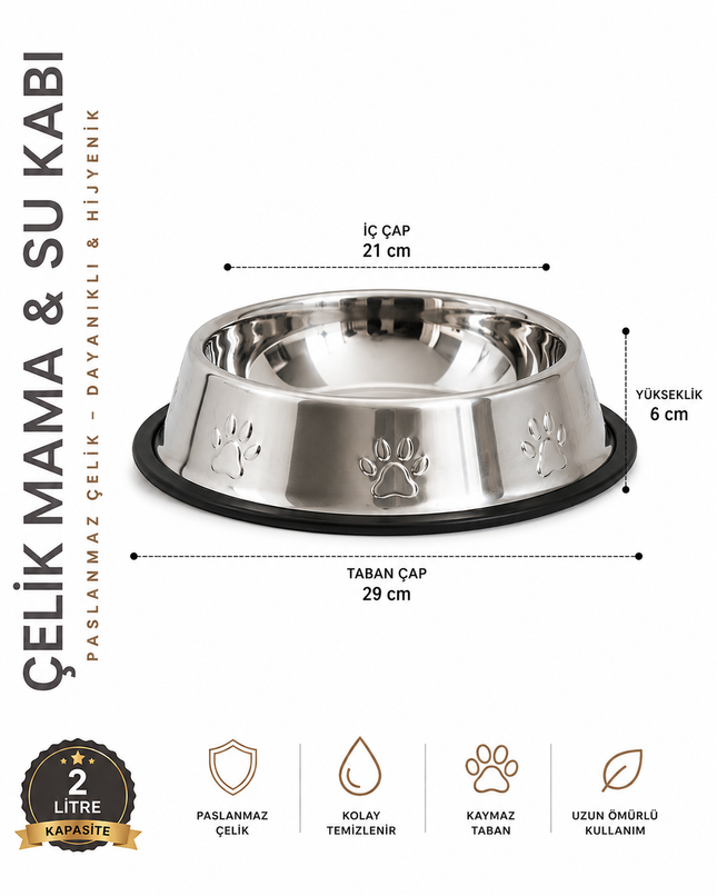 Köpekler İçin Pati Desenli Çelik Mama Su Kabı 30 Cm - 64 Oz - 2 LT