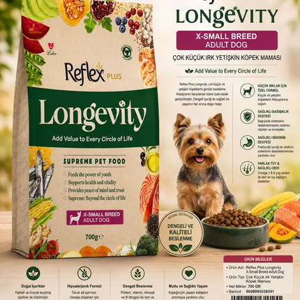 Reflex Plus Longevity Hipoalerjenik Çok Küçük Irk Yetişkin Köpek Maması 700gr