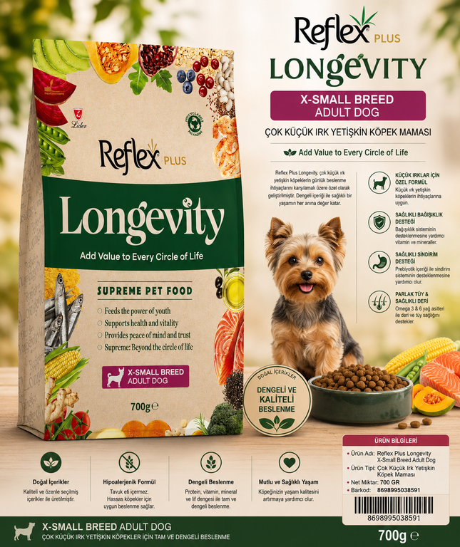 Reflex Plus Longevity Hipoalerjenik Çok Küçük Irk Yetişkin Köpek Maması 700gr