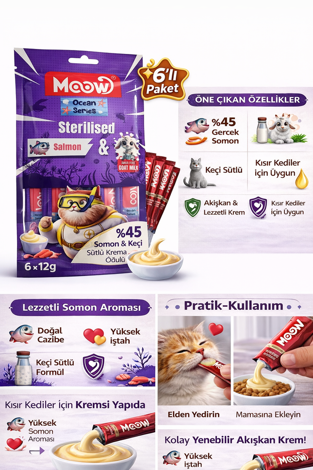 Creamy Somonlu ve Keçi Sütlü Kısırlaştırılmış Sıvı Krema Kedi Ödülü 6x12 gr