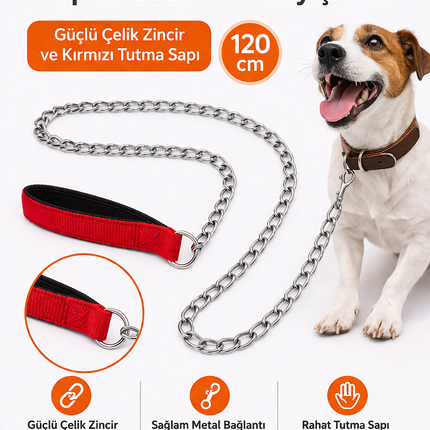 Zincir Köpek Gezdirme Kayışı Dayanıklı Çelik & Ergonomik Tutma Saplı 2,5 mm-120 cm Kırmızı