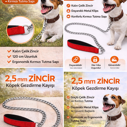 Zincir Köpek Gezdirme Kayışı Dayanıklı Çelik & Ergonomik Tutma Saplı 2,5 mm-120 cm Kırmızı