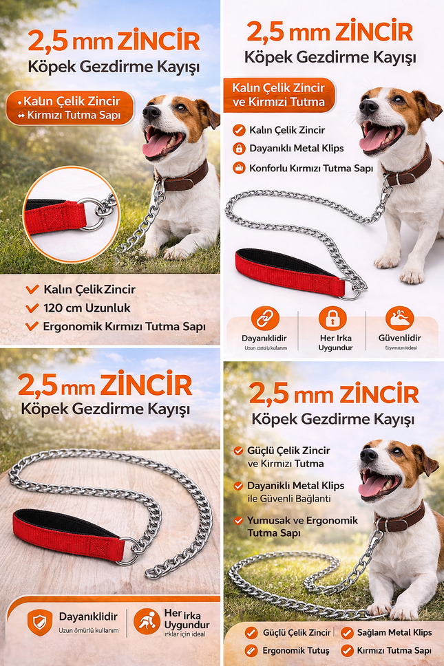 Zincir Köpek Gezdirme Kayışı Dayanıklı Çelik & Ergonomik Tutma Saplı 2,5 mm-120 cm Kırmızı