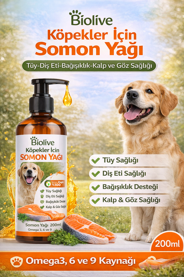 Biolive Köpekler İçin Somon Yağı Tüy-Dış Eti-Bağışıklık-Kalp ve Göz Sağlı 200ml