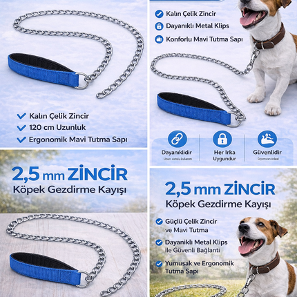 Zincir Köpek Gezdirme Kayışı Dayanıklı Çelik & Ergonomik Tutma Saplı 2,5 mm-120 cm Mavi