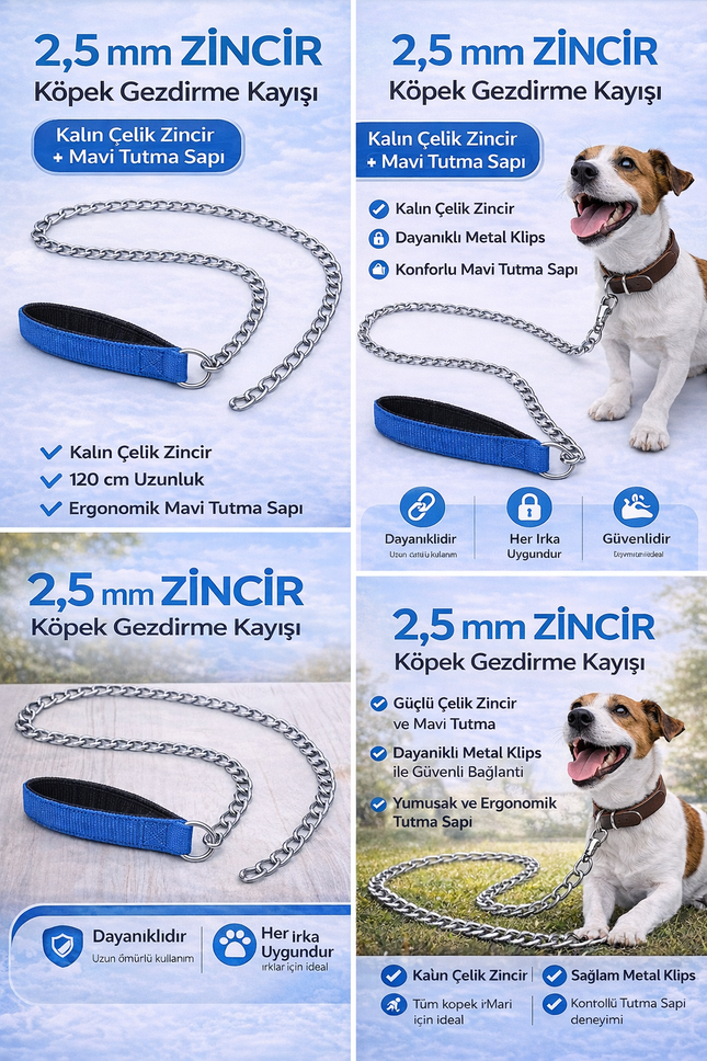 Zincir Köpek Gezdirme Kayışı Dayanıklı Çelik & Ergonomik Tutma Saplı 2,5 mm-120 cm Mavi