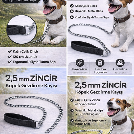Zincir Köpek Gezdirme Kayışı Dayanıklı Çelik & Ergonomik Tutma Saplı 2,5 mm-120 cm Siyah