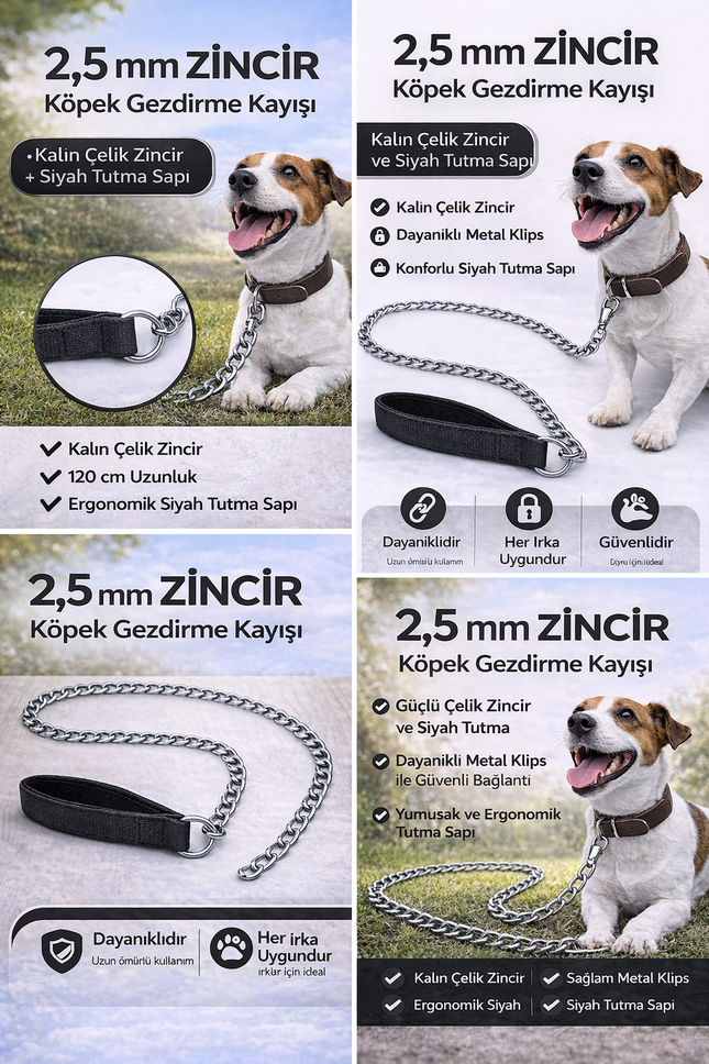 Zincir Köpek Gezdirme Kayışı Dayanıklı Çelik & Ergonomik Tutma Saplı 2,5 mm-120 cm Siyah