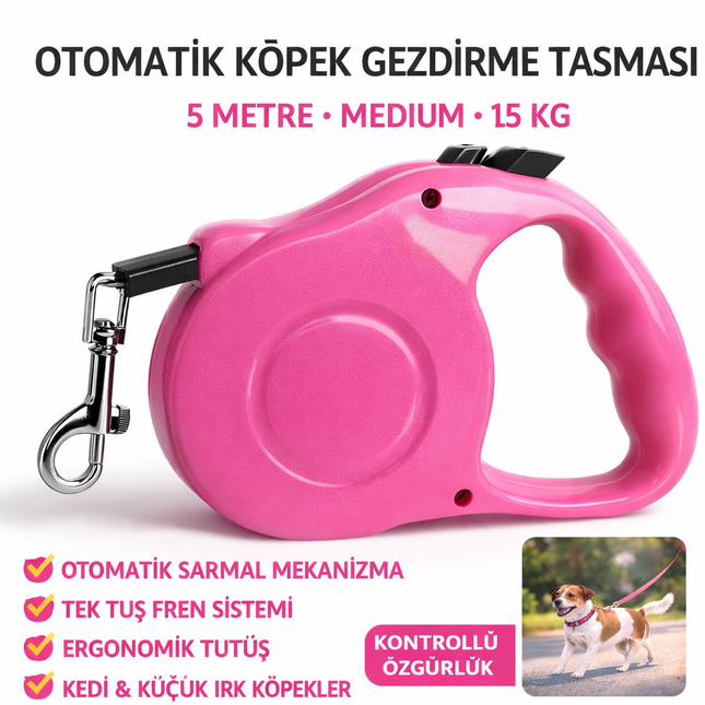 Otomatik Köpek Gezdirme Tasması 5 Metre Medium 15 kg Pembe Kilitli Makaralı Şerit