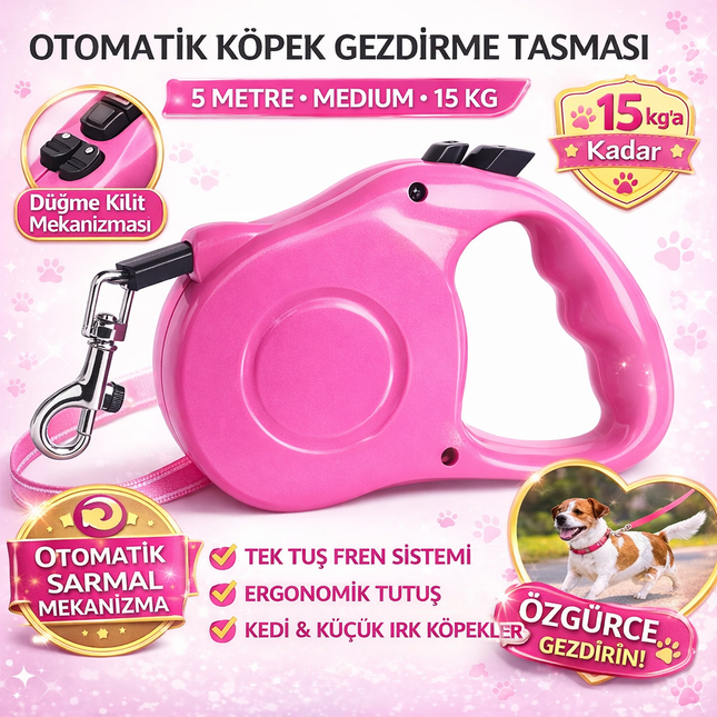 Otomatik Köpek Gezdirme Tasması 5 Metre Medium 15 kg Pembe Kilitli Makaralı Şerit