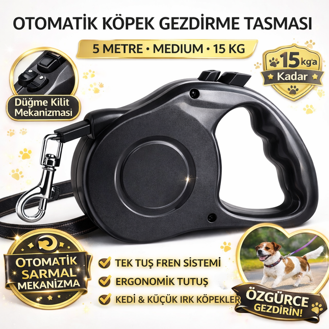 Karamel Pet Otomatik  Köpek Gezdirme Tasması Medium 5 Metre 15 kg Siyah