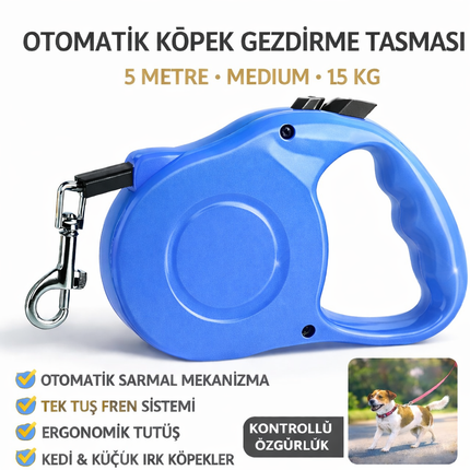 Karamel Pet Otomatik  Köpek Gezdirme Tasması Medium 5 Metre 15 kg Mavi