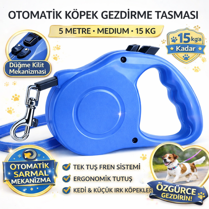 Karamel Pet Otomatik  Köpek Gezdirme Tasması Medium 5 Metre 15 kg Mavi