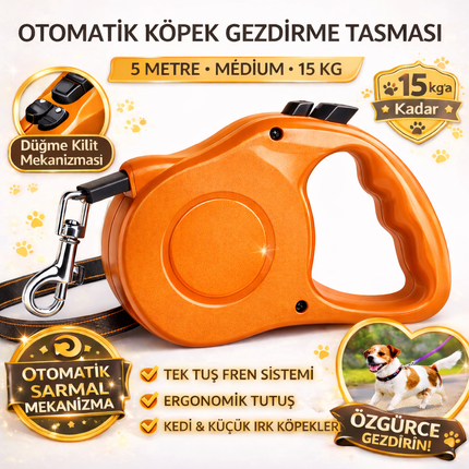 Karamel Pet Otomatik  Köpek Gezdirme Tasması Medium 5 Metre 15 kg Turuncu
