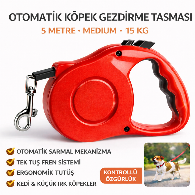 Karamel Pet Otomatik  Köpek Gezdirme Tasması Medium 5 Metre 15 kg Kırmızı