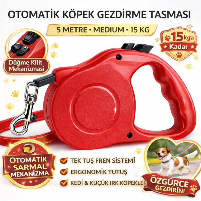 Karamel Pet Otomatik  Köpek Gezdirme Tasması Medium 5 Metre 15 kg Kırmızı