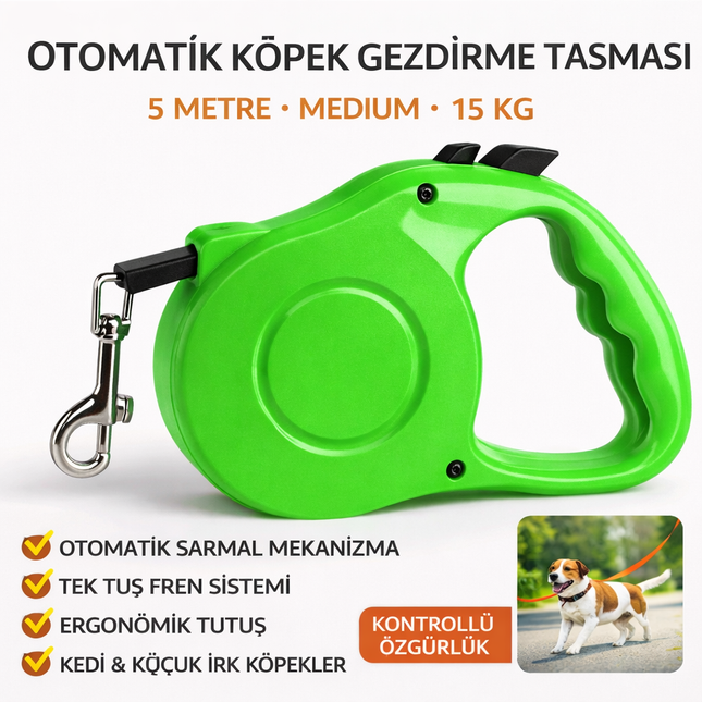 Karamel Pet Otomatik  Köpek Gezdirme Tasması Medium 5 Metre 15 kg Yeşil