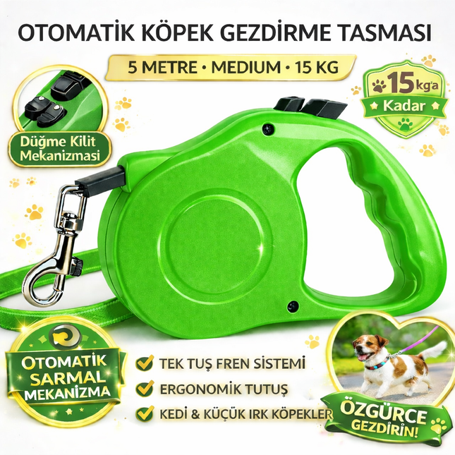 Karamel Pet Otomatik  Köpek Gezdirme Tasması Medium 5 Metre 15 kg Yeşil