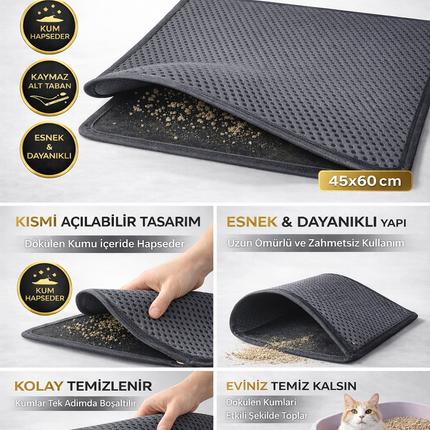 Kedi Elekli Tuvalet Önü Kum Tutucu Paspas  45 cm - 60 cm Gri