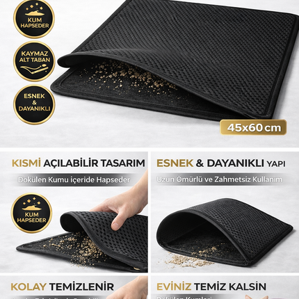 Kedi Elekli Tuvalet Önü Kum Tutucu Paspas  45 cm - 60 cm Siyah
