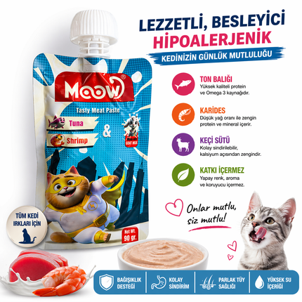 Moow Taze Ton Balıklı Karidesli ve Keçi Sütlü Kedi Et Ezmesi 90 gr