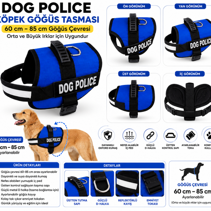 Dog Police Ayarlanabilir Köpek Göğüs Tasması Mavi-Siyah (60-85 cm)