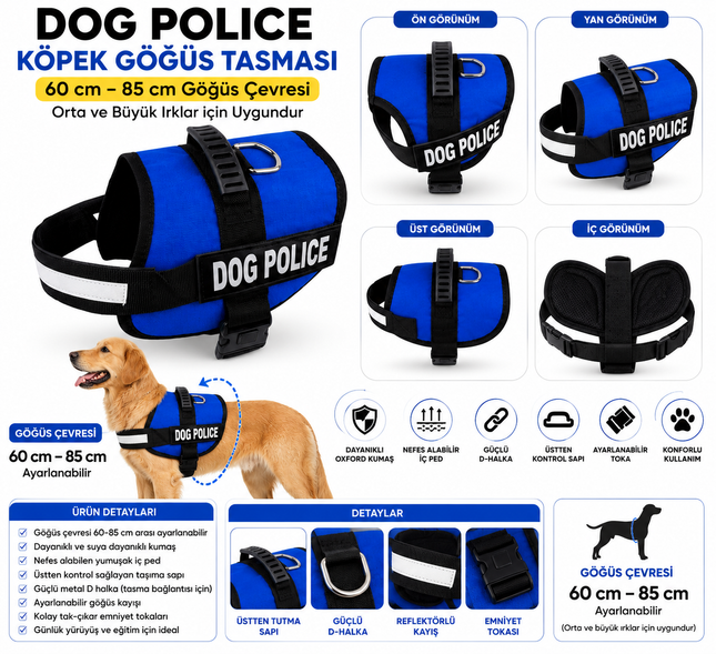 Dog Police Ayarlanabilir Köpek Göğüs Tasması Mavi-Siyah (60-85 cm)