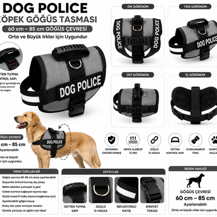 Dog Police Ayarlanabilir Köpek Göğüs Tasması Gri - Siyah (60-85 cm)