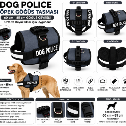 Dog Police Ayarlanabilir Köpek Göğüs Tasması Füme Gri - Siyah (60-85 cm)