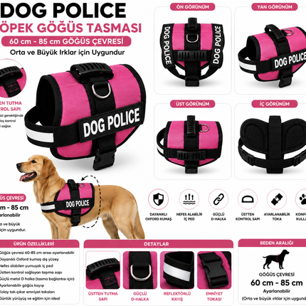 Dog Police Ayarlanabilir Köpek Göğüs Tasması Pembe - Siyah (60-85 cm)