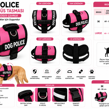 Dog Police Ayarlanabilir Köpek Göğüs Tasması Pembe - Siyah (60-110 cm)