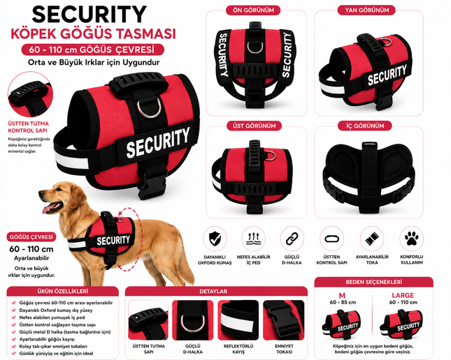 Dog Police Ayarlanabilir Köpek Göğüs Tasması Kırmızı - Siyah (60-110 cm)