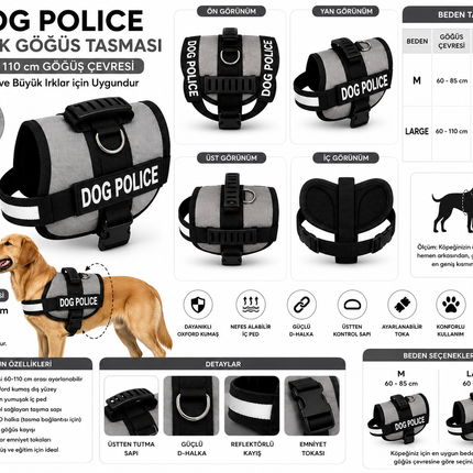 Dog Police Ayarlanabilir Köpek Göğüs Tasması Gri- Siyah (60-110 cm)