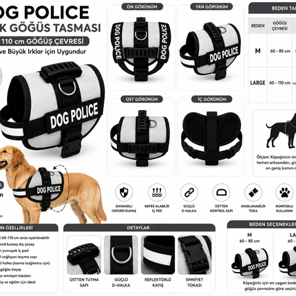 Dog Police Ayarlanabilir Köpek Göğüs Tasması Bej - Siyah (60-110 cm)