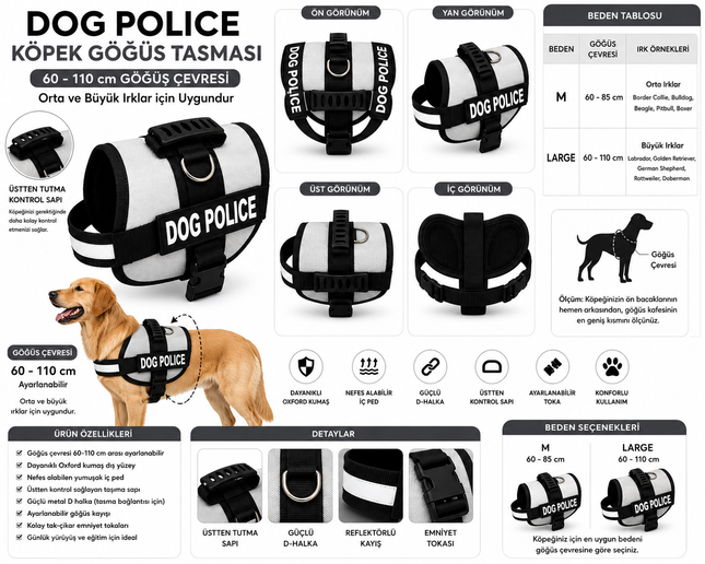 Dog Police Ayarlanabilir Köpek Göğüs Tasması Bej - Siyah (60-110 cm)