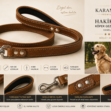 Premium Hakiki Deri Köpek Gezdirme Kayışı Kamel 100 cm Yumuşak Dolgulu Tutma Saplı